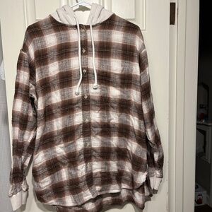American Eagle brown flannel plaid hooded button up